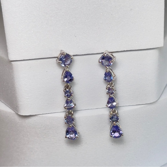 925 Silver Round and Pear Shaped December Birthstone Tanzanite Dangle Earrings - Picture 3 of 17